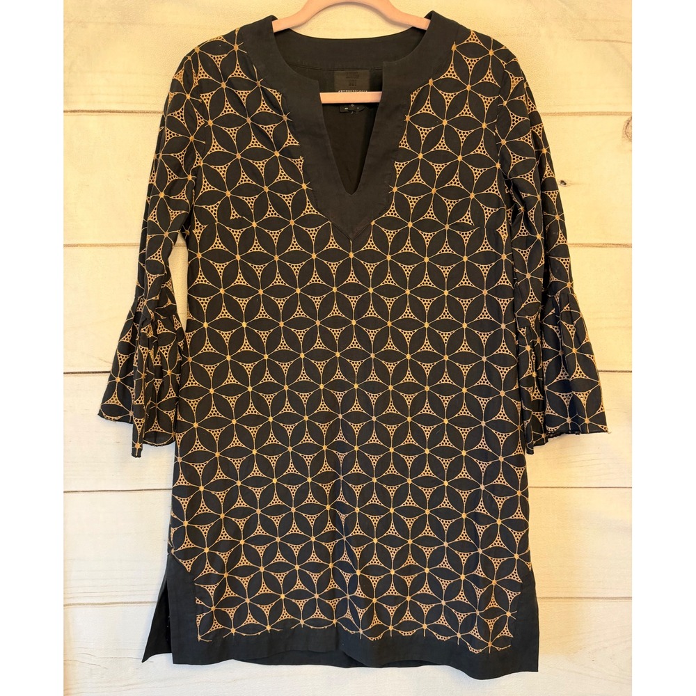Anna Sui for Anthropologie Black Gold Embroidered Bell Sleeve Tunic Dress 6